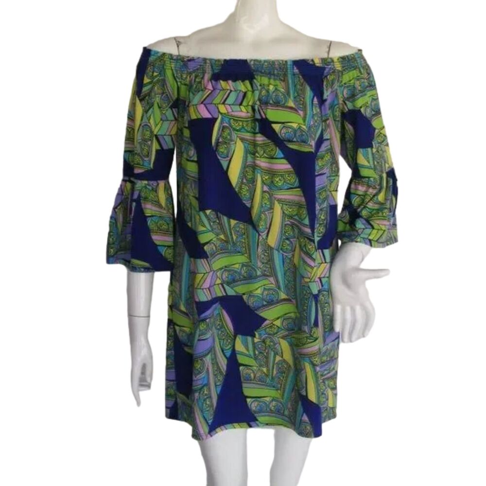 TRINA TRINA TURK Tunic/Dress, S, Blue, Off Shoulder, Multicolor Leaf Print